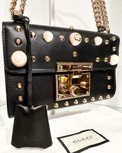 GUCCI Faux Pearl Stud Embellished Padlock Small Chain Strap Leather Shoulder Crossbody Bag