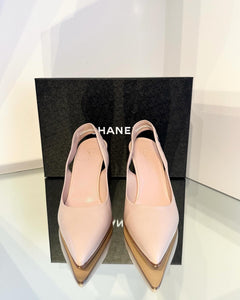 CHANEL Pointed Toe Mid Heel Leather Slides