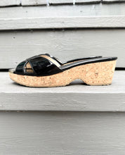 Load image into Gallery viewer, JIMMY CHOO Panna Black Patent Leather Cork Wedge Slide Sandals
