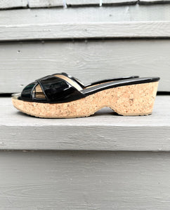 JIMMY CHOO Panna Black Patent Leather Cork Wedge Slide Sandals