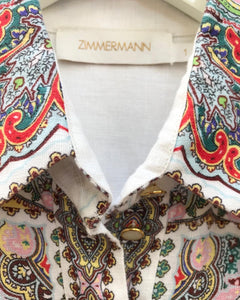 ZIMMERMANN Multi Colour Paisley Print White Linen Belted Shirt Dress