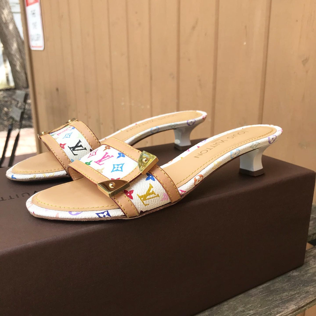 LOUIS VUITTON White Monogram Multicolour Kitten Heel Slide Sandals –  Susannah Designer Consignment