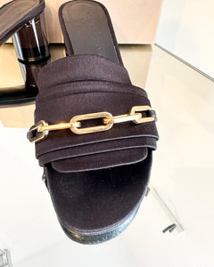 BURBERRY Coleford Satin Chain Embellished Mid-Block Heel Slide Sandals