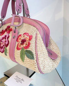 CHRISTIAN DIOR Limited Edition Floral Straw Raffia Leather Handbag