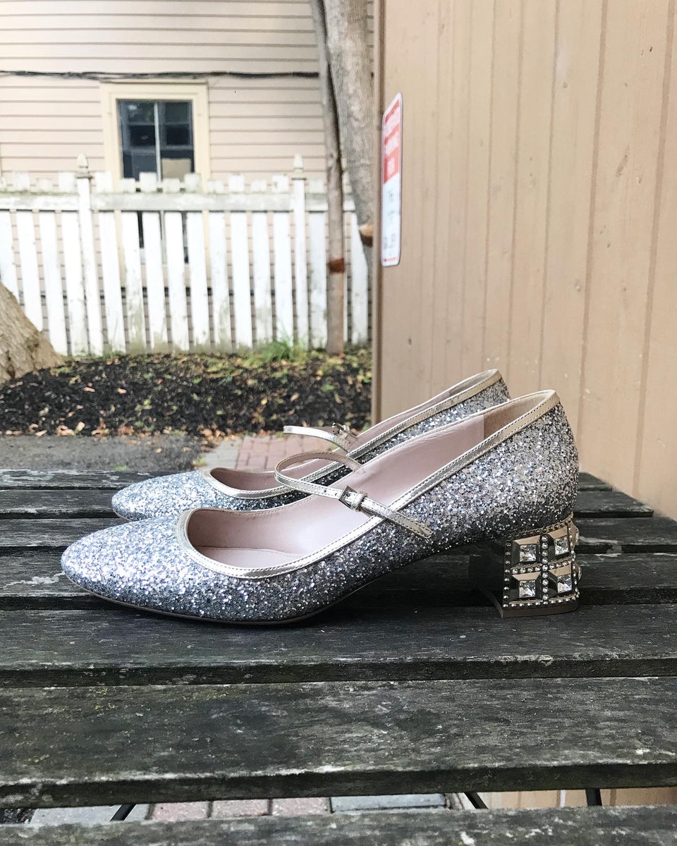 MIU MIU Glitter Crystal Embellished Mid Block Heel Mary Jane 