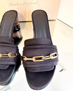 BURBERRY Coleford Satin Chain Embellished Mid-Block Heel Slide Sandals