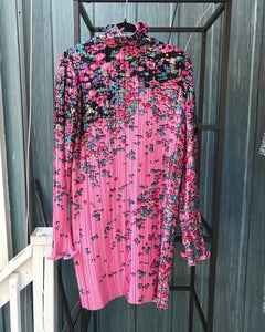 GIVENCHY Plisse Pink Floral Print Crinkle Mock Neck Long Sleeve Dress