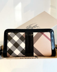 BURBERRY Patent Leather Nova Check Large Zip Around Wallet