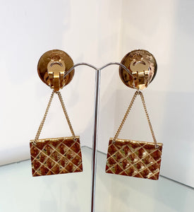 CHANEL Vintage Gold Metal CC Coin Quilted Flap Bag Clip-On Drop Earrings