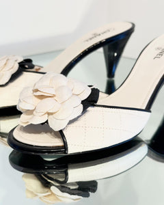 CHANEL Camelia Flower Leather Mules