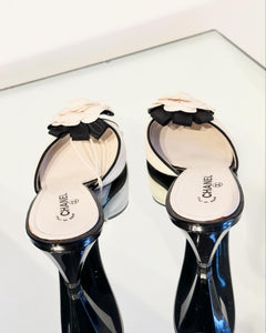 CHANEL Camelia Flower Leather Mules