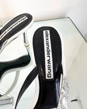 Load image into Gallery viewer, ALEXANDER WANG Crystal Embellished Logo High Heel Leather Sandals
