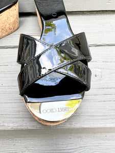 JIMMY CHOO Panna Black Patent Leather Cork Wedge Slide Sandals