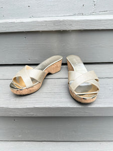 JIMMY CHOO Panna Gold Glitter Cork Wedge Leather Slide Sandals
