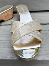 Load image into Gallery viewer, JIMMY CHOO Panna Gold Glitter Cork Wedge Leather Slide Sandals
