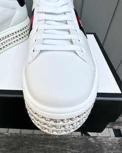 GUCCI Bee Web Detail Ace Crystal Embellished Platform Leather Sneakers
