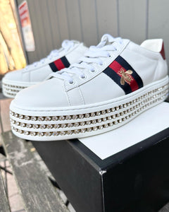 GUCCI Bee Web Detail Ace Crystal Embellished Platform Leather Sneakers