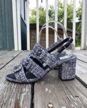 Load image into Gallery viewer, CHANEL Blue Tweed Turn Lock Silver CC Block Heel Sandals
