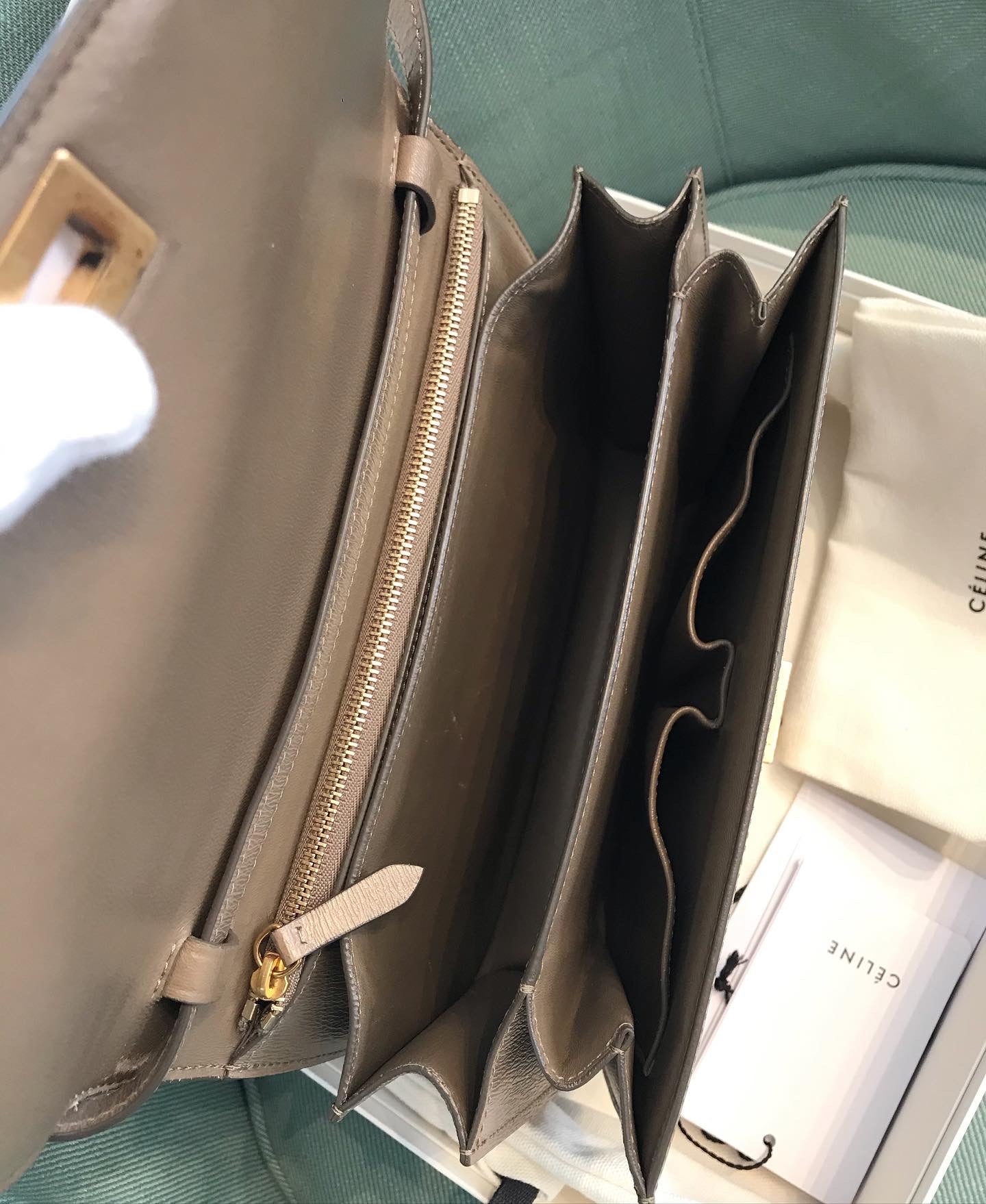 CELINE Classic Liege Taupe Calfskin Medium Box Bag – Susannah Designer  Consignment