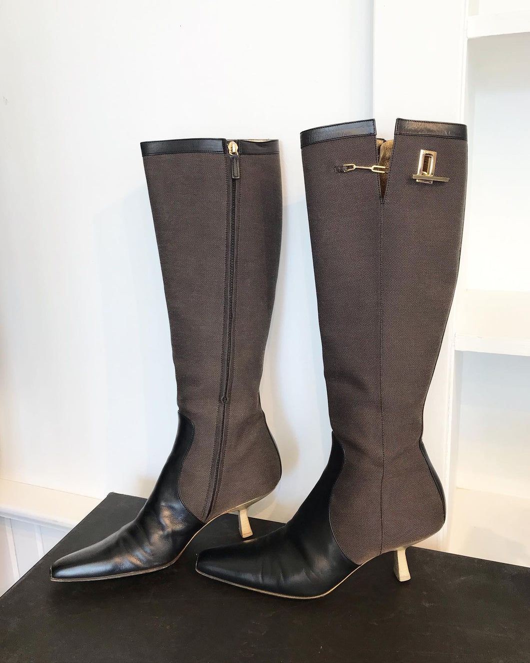 GUCCI Canvas Leather Pointed Toe Knee-High Boots