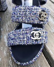 Load image into Gallery viewer, CHANEL Blue Tweed Turn Lock Silver CC Block Heel Sandals

