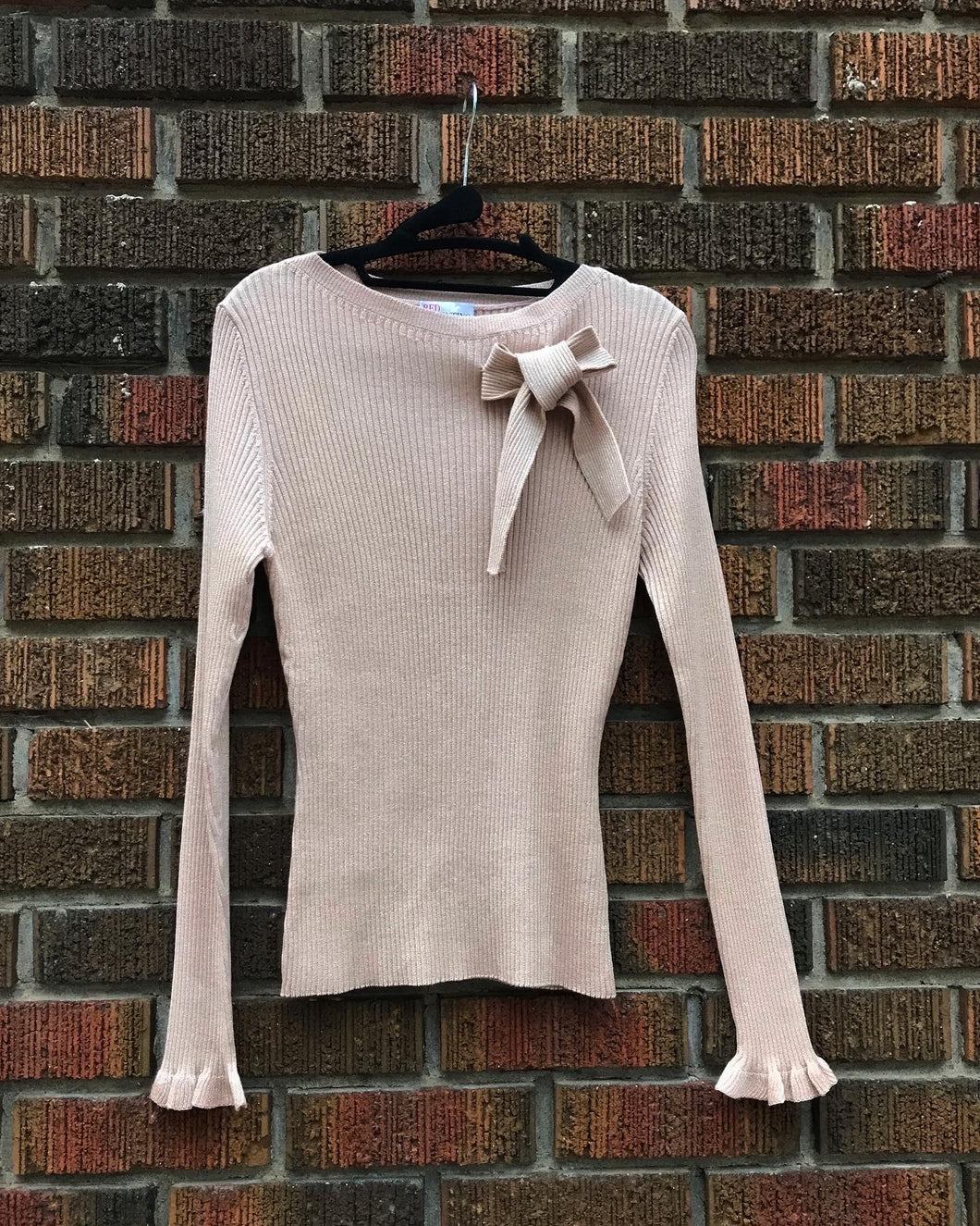 RED VALENTINO Bow Embellished Nude Sparkle Long Sleeve Top