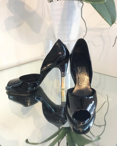 SALVATORE FERRAGAMO D’Orsay Patent Leather Peep-toe High Heels
