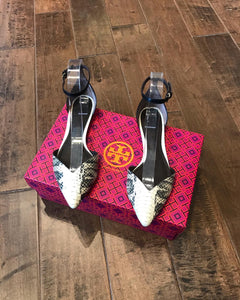TORY BURCH Snake Print Pointed Toe Leather Flats