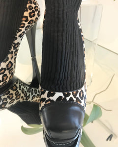VICINI Calf Hair Leopard Print Leather Knit Pull On Platform Ankle Boots