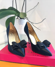 Load image into Gallery viewer, KATE SPADE Latrice Navy Satin Black Glitter Bow Pointy High Heel Pumps
