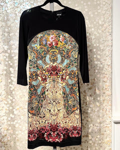 JUST CAVALLI Floral Print Black Long Sleeve Slinky Jersey Dress