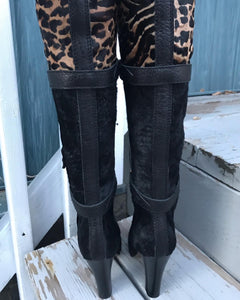 FRANKLIN ELMAN Pony Hair Leopard Print Knee-high Leather Boots