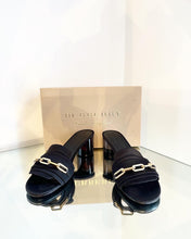 Load image into Gallery viewer, BURBERRY Coleford Satin Chain Embellished Mid-Block Heel Slide Sandals
