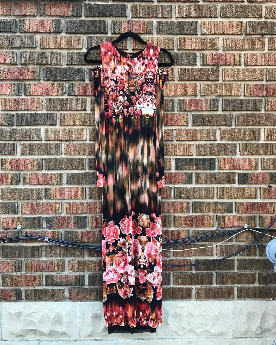 JEAN PAUL GAULTIER Soleil Floral Print Long Sleeve Peep Shoulder Nylon Maxi Dress