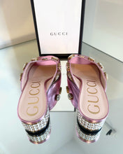 Load image into Gallery viewer, GUCCI Lyric Crystal Embellished Block Heel Leather Mules
