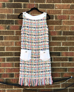 CHANEL Multi Colour Tweed Fringed Hem S’less Midi Belted Dress