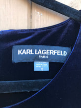 Load image into Gallery viewer, KARL LAGERFELD Navy Short Sleeve Ruffle Embellished Velvet Dress
