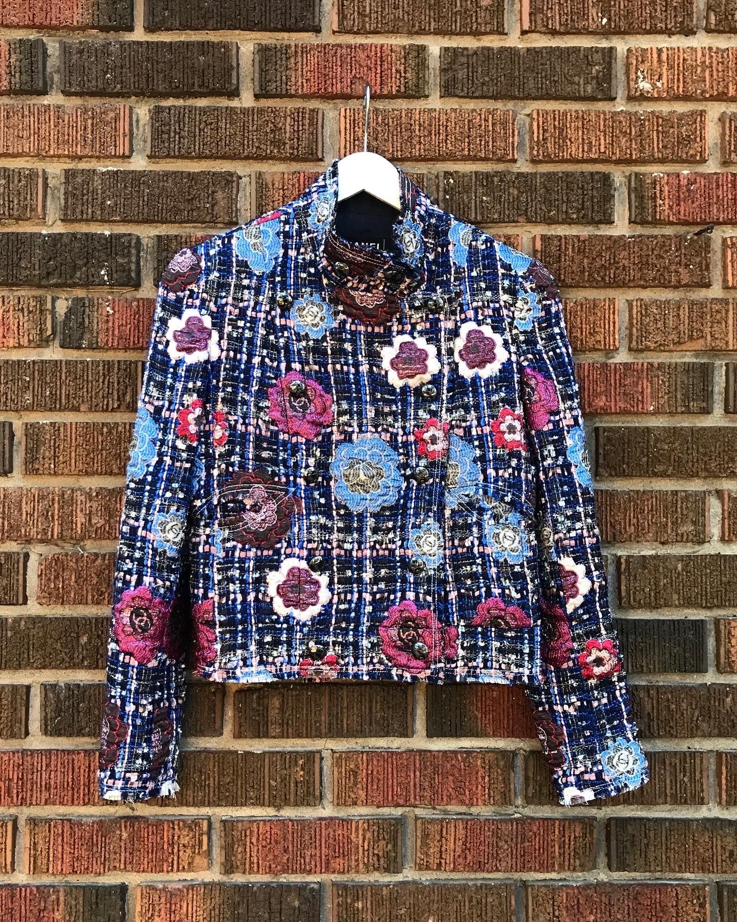 CHANEL Navy Camellia Flower Embellished Tweed Jacket