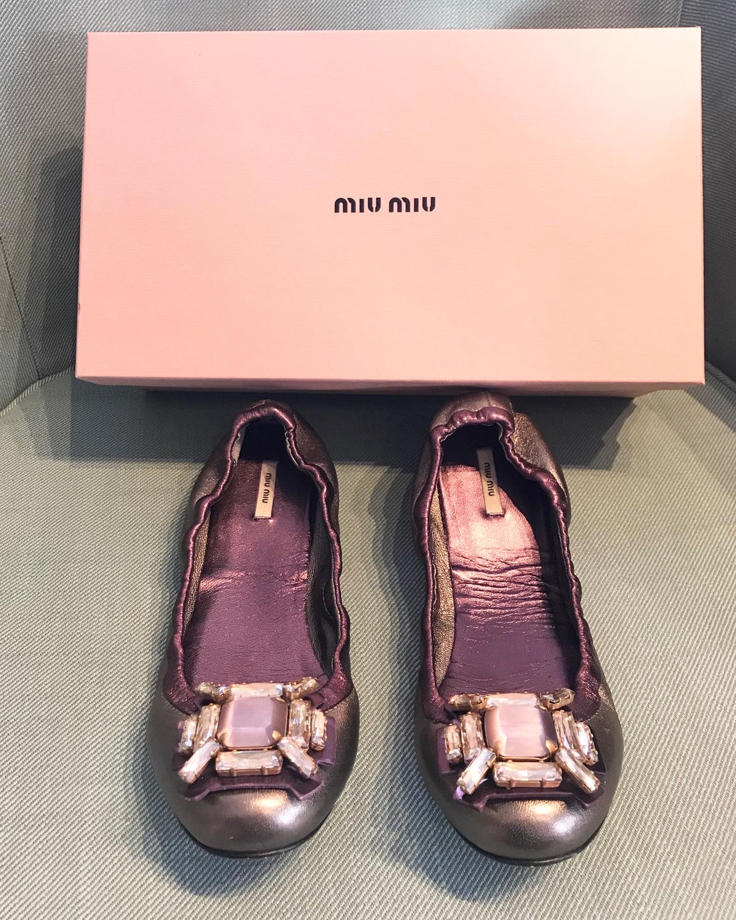 MIU MIU Gold Jewel Embellished Leather Ballet Flats