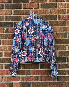 CHANEL Navy Camellia Flower Embellished Tweed Jacket