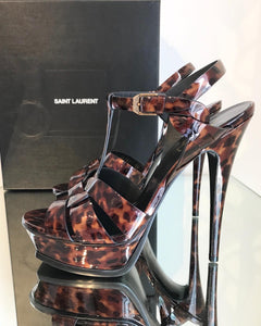 SAINT LAURENT Paris Tribute Tortoise Patent Leather Platform High Heels