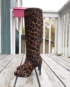 MAX DE CARLO Leopard Print Calf Hair Knee-high Leather Boots