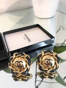 CHANEL Vintage Leather Woven CC Gold Tone Clip On Earrings