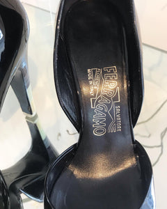 SALVATORE FERRAGAMO D’Orsay Patent Leather Peep-toe High Heels