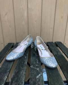 MIU MIU Glitter Crystal Embellished Mid Block Heel Mary Jane Pumps