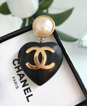 Load image into Gallery viewer, CHANEL Vintage CC Logo Faux Pearl and Wood Heart Drop Clip On Earrings
