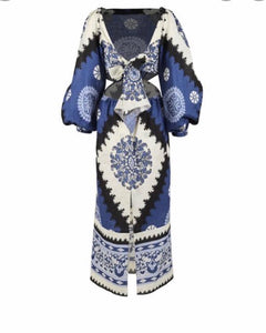 JOHANNA ORTIZ Glorious Rivers Blue Print Cutout Linen Maxi Dress
