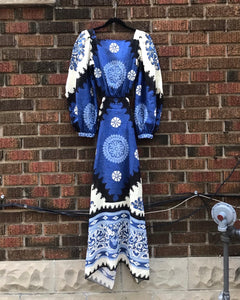 JOHANNA ORTIZ Glorious Rivers Blue Print Cutout Linen Maxi Dress