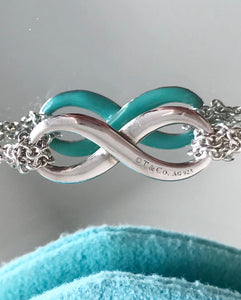 TIFFANY & CO. Sterling Silver Blue Enamel Double Chain Infinity Bracelet