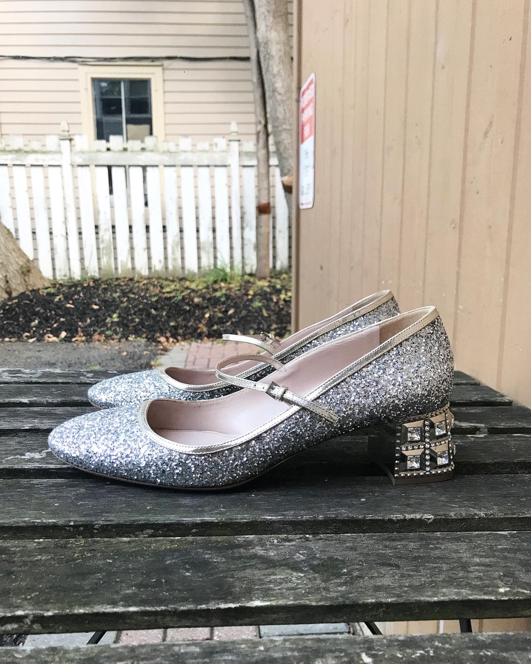 MIU MIU Glitter Crystal Embellished Mid Block Heel Mary Jane Pumps